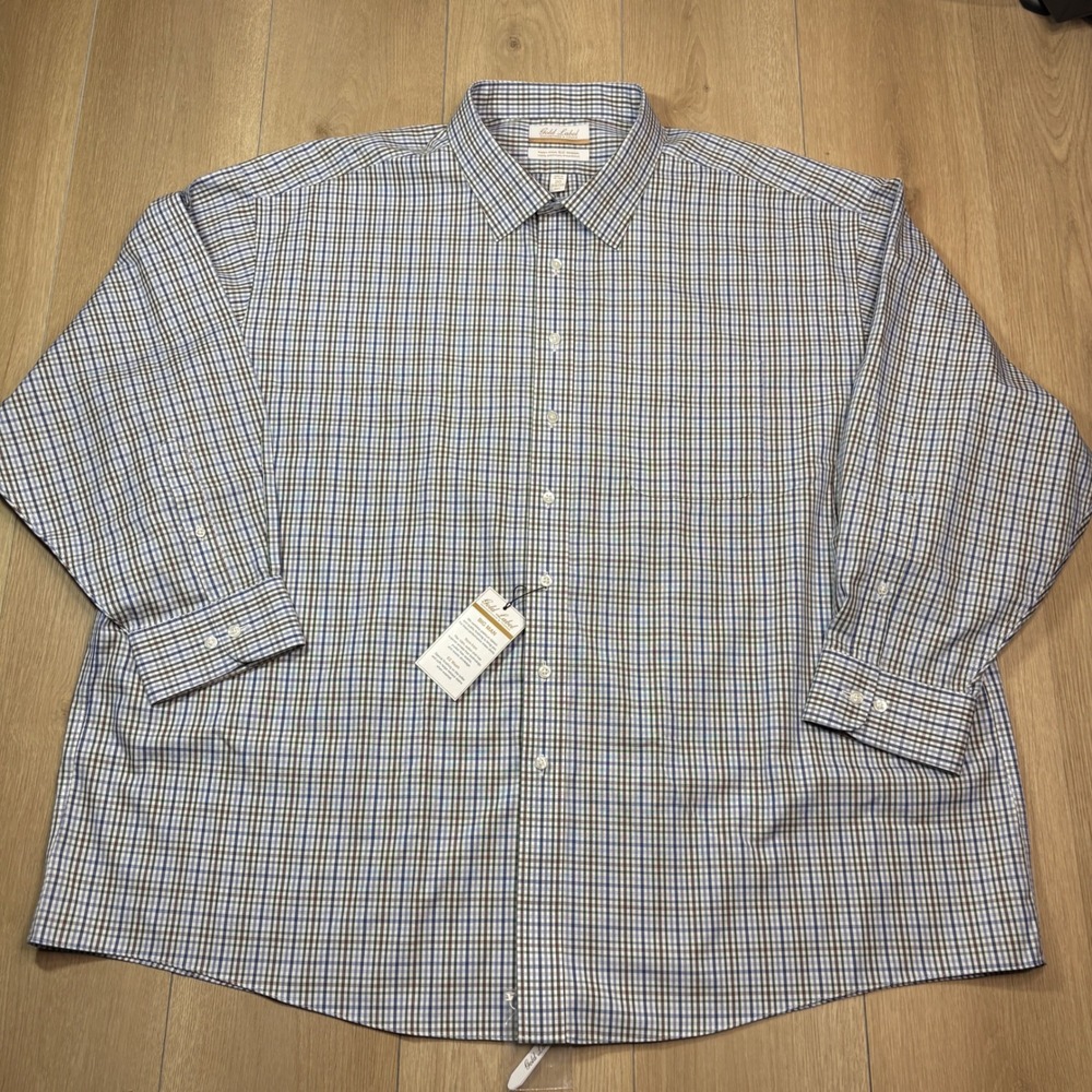 Roundtree & Yorke Gold Label Dress Shirt Mens 20 34/35 Big Blue Brown Check New
